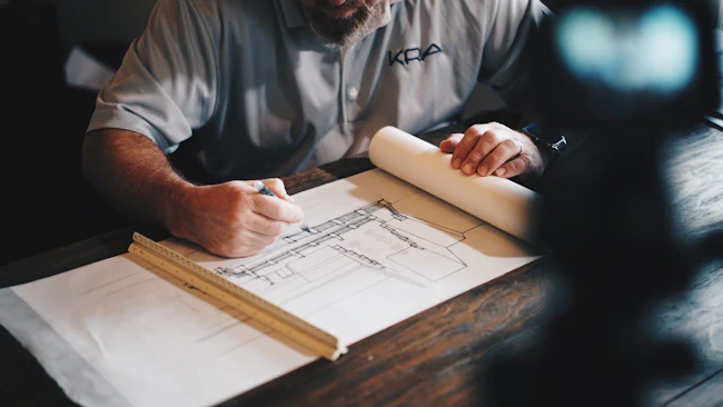 Planos de arquitectura sobre una mesa limpia mostrando profesionalidad